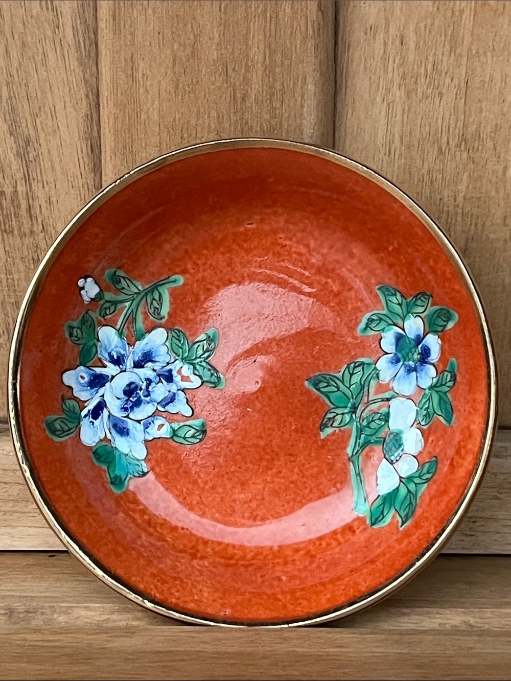 50’s Hand Painted Enamel, Porcelain Trinket Dish- W/ Gold Rim- Hong Kong